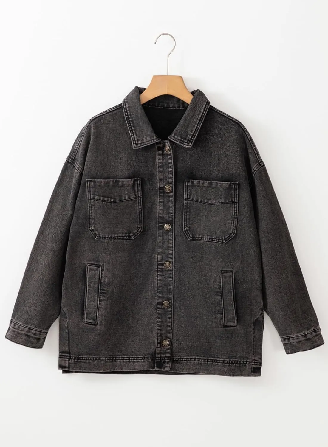 Sidefeel Women's Jean Jacket Oversized Boyfriend Button Up Long Sleeve Split Zimbaplatinum Denim Jackets