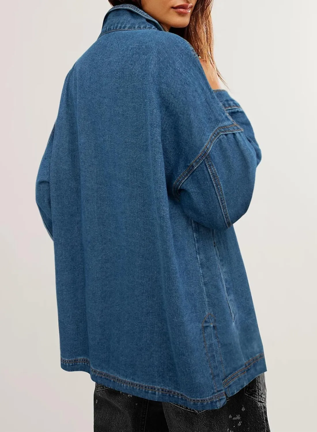 Sidefeel Women's Jean Jacket Oversized Boyfriend Button Up Long Sleeve Split Zimbaplatinum Denim Jackets