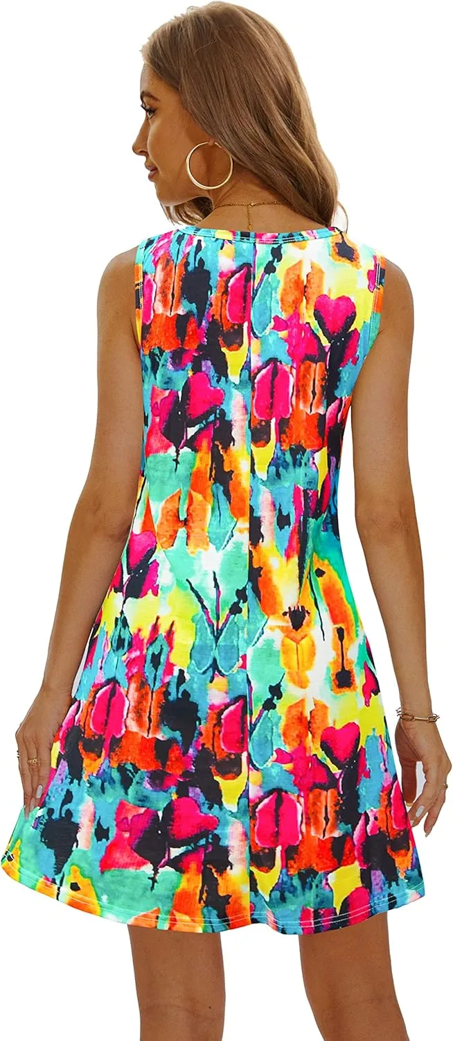 Summer Dresses for Women 2025 Casual Sundresses Beach Cover Ups Sleeveless Tshirt Swing Dress with Pockets