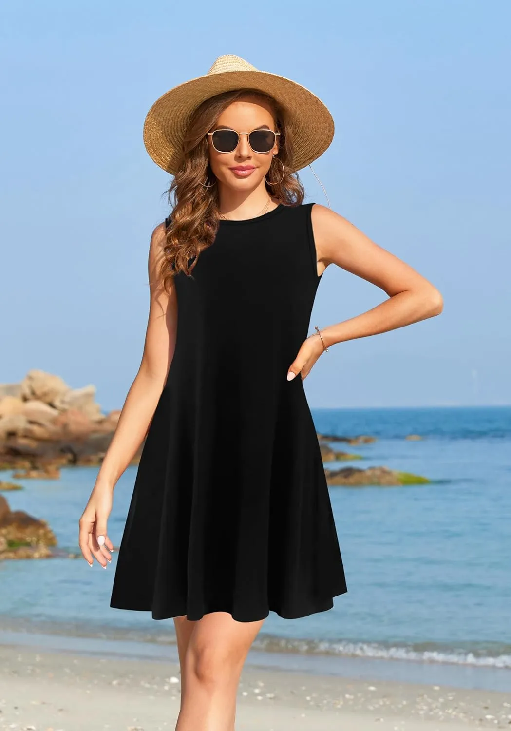 Summer Dresses for Women 2025 Casual Sundresses Beach Cover Ups Sleeveless Tshirt Swing Dress with Pockets