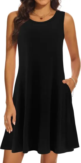 Summer Dresses for Women 2025 Casual Sundresses Beach Cover Ups Sleeveless Tshirt Swing Dress with Pockets