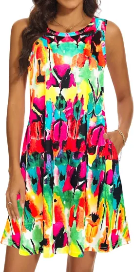 Summer Dresses for Women 2025 Casual Sundresses Beach Cover Ups Sleeveless Tshirt Swing Dress with Pockets
