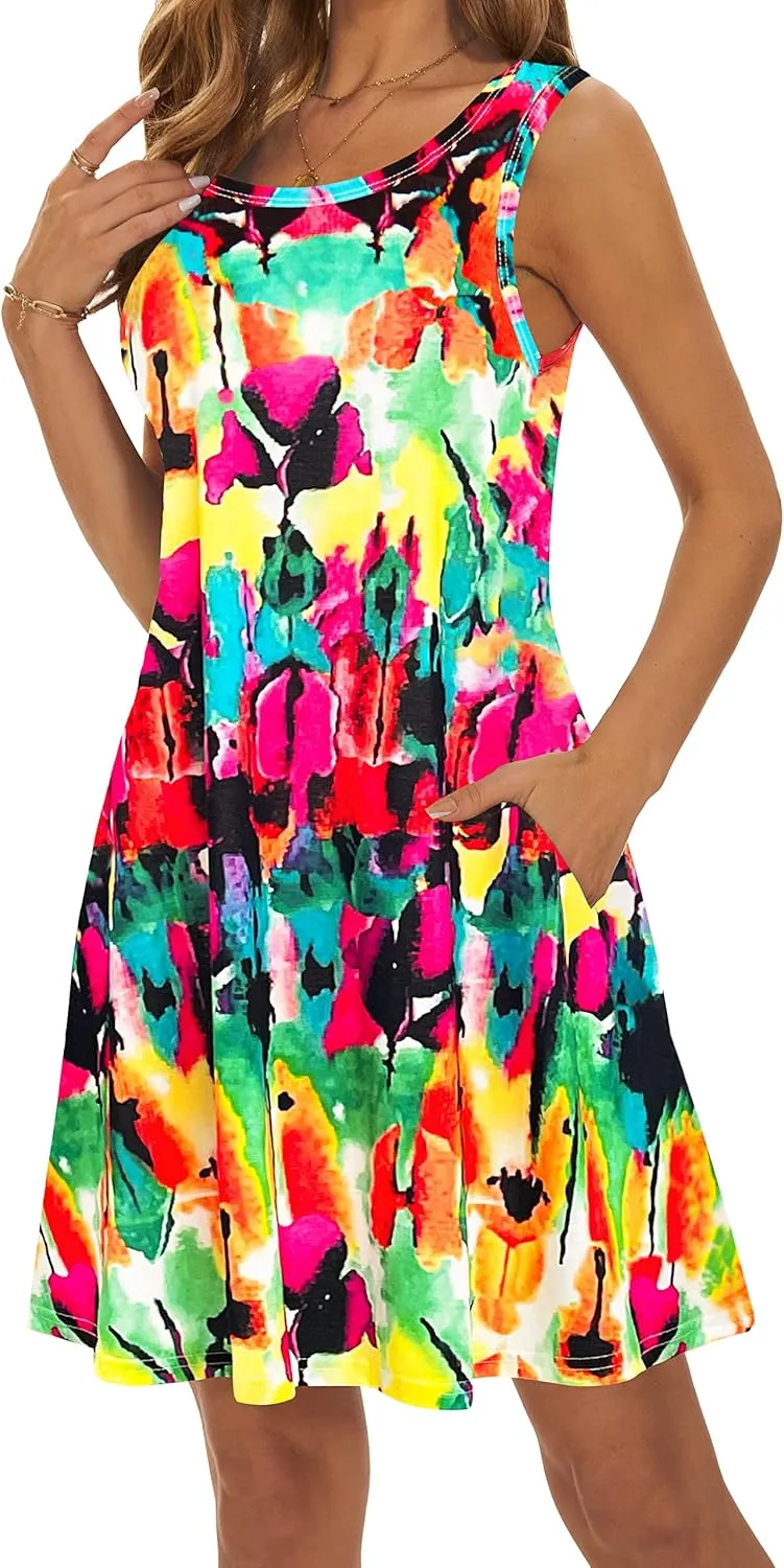Summer Dresses for Women 2025 Casual Sundresses Beach Cover Ups Sleeveless Tshirt Swing Dress with Pockets