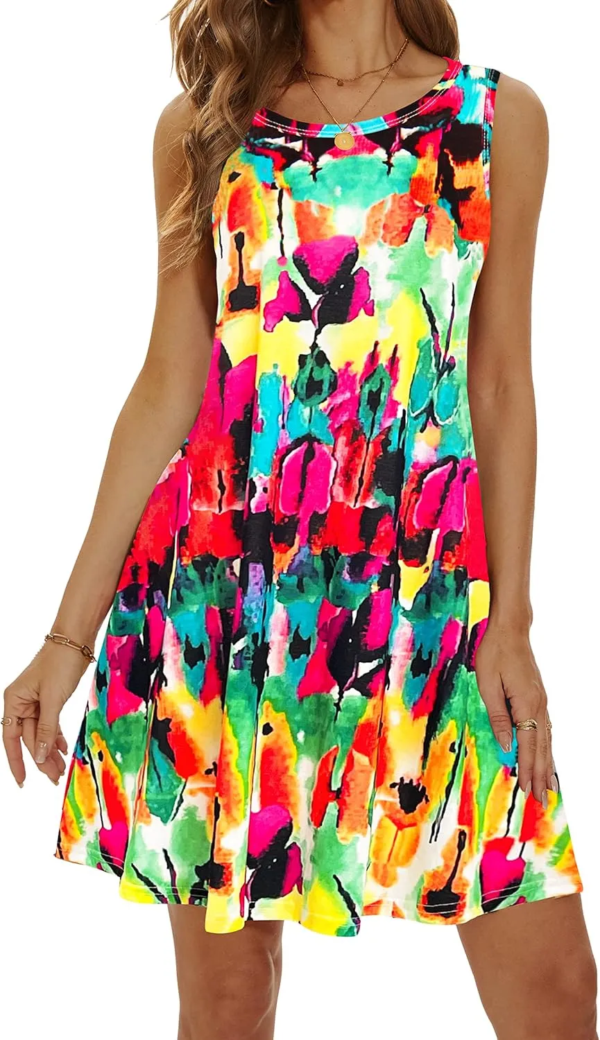 Summer Dresses for Women 2025 Casual Sundresses Beach Cover Ups Sleeveless Tshirt Swing Dress with Pockets