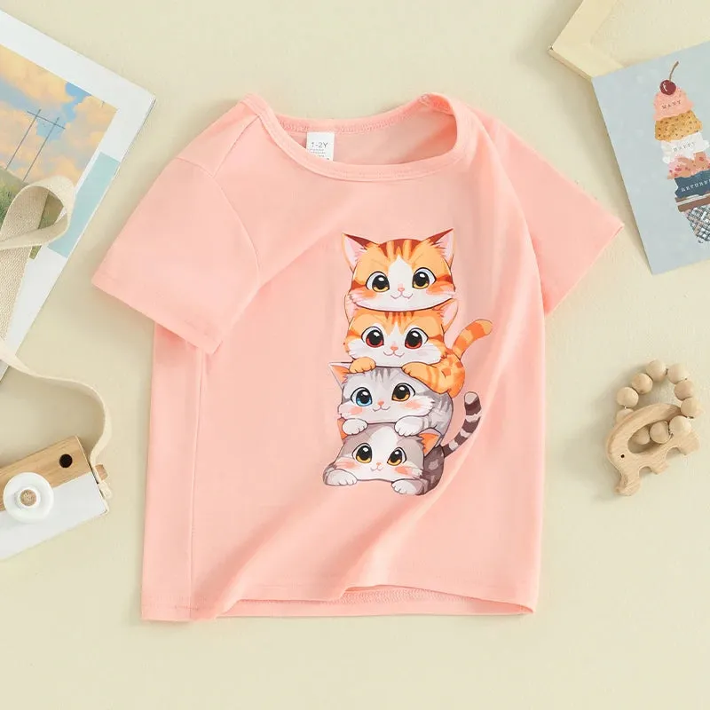 Summer T Shirt Cat Shirts For Girls Cartoon Graphic Tees Short Sleeve Crewneck Tops Size 1 To 8 Years Cute Outfits