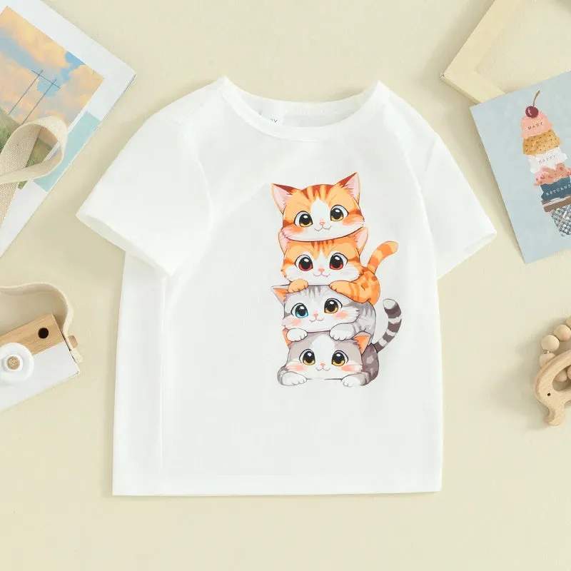 Summer T Shirt Cat Shirts For Girls Cartoon Graphic Tees Short Sleeve Crewneck Tops Size 1 To 8 Years Cute Outfits