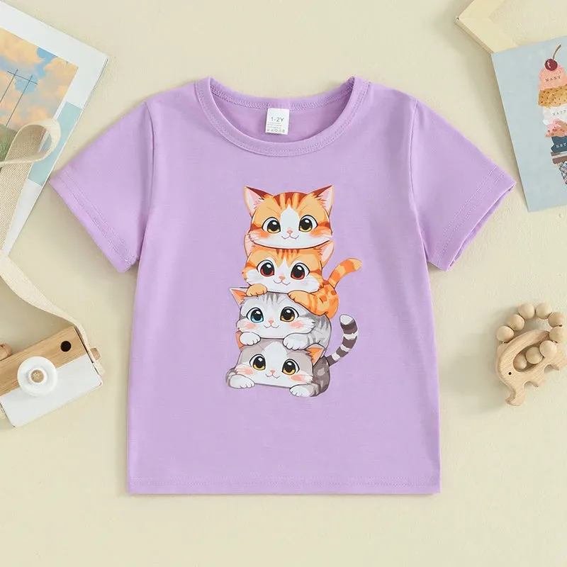 Summer T Shirt Cat Shirts For Girls Cartoon Graphic Tees Short Sleeve Crewneck Tops Size 1 To 8 Years Cute Outfits