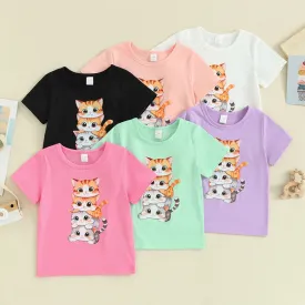 Summer T Shirt Cat Shirts For Girls Cartoon Graphic Tees Short Sleeve Crewneck Tops Size 1 To 8 Years Cute Outfits