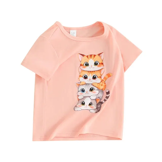 Summer T Shirt Cat Shirts For Girls Cartoon Graphic Tees Short Sleeve Crewneck Tops Size 1 To 8 Years Cute Outfits