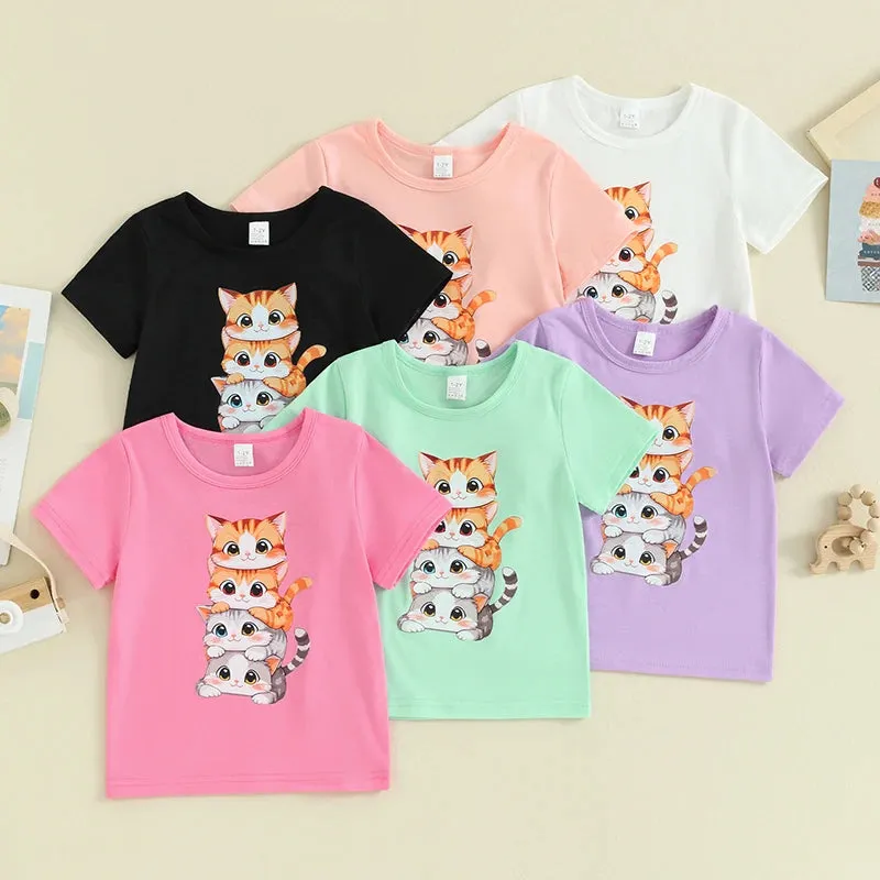 Summer T Shirt Cat Shirts For Girls Cartoon Graphic Tees Short Sleeve Crewneck Tops Size 1 To 8 Years Cute Outfits