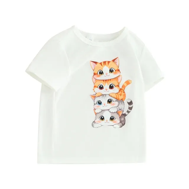 Summer T Shirt Cat Shirts For Girls Cartoon Graphic Tees Short Sleeve Crewneck Tops Size 1 To 8 Years Cute Outfits