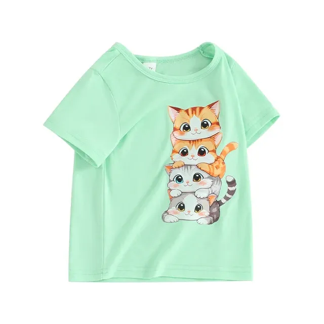 Summer T Shirt Cat Shirts For Girls Cartoon Graphic Tees Short Sleeve Crewneck Tops Size 1 To 8 Years Cute Outfits