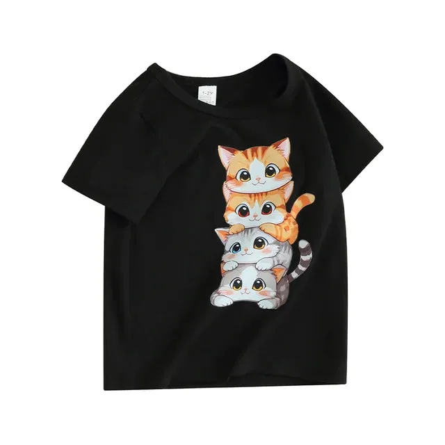 Summer T Shirt Cat Shirts For Girls Cartoon Graphic Tees Short Sleeve Crewneck Tops Size 1 To 8 Years Cute Outfits