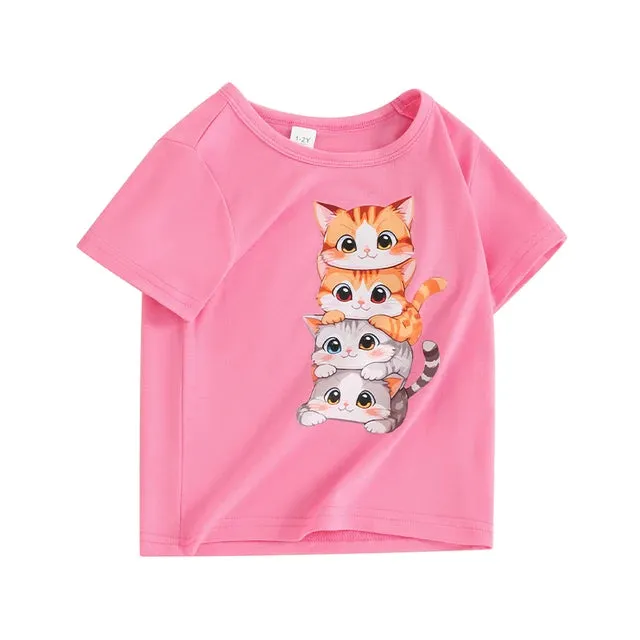 Summer T Shirt Cat Shirts For Girls Cartoon Graphic Tees Short Sleeve Crewneck Tops Size 1 To 8 Years Cute Outfits
