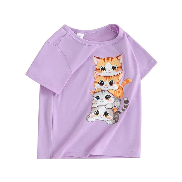Summer T Shirt Cat Shirts For Girls Cartoon Graphic Tees Short Sleeve Crewneck Tops Size 1 To 8 Years Cute Outfits