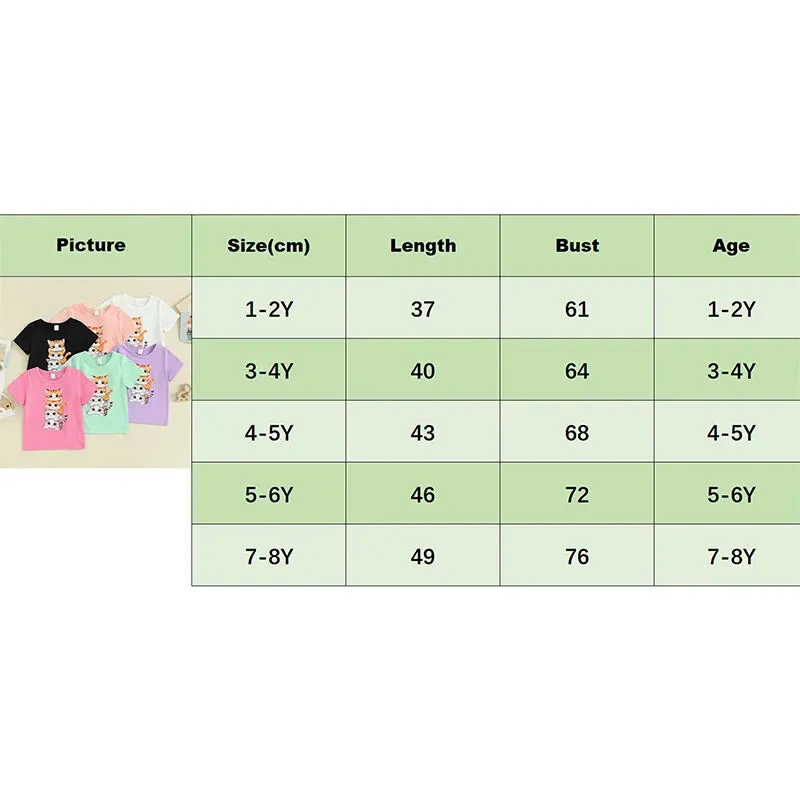 Summer T Shirt Cat Shirts For Girls Cartoon Graphic Tees Short Sleeve Crewneck Tops Size 1 To 8 Years Cute Outfits