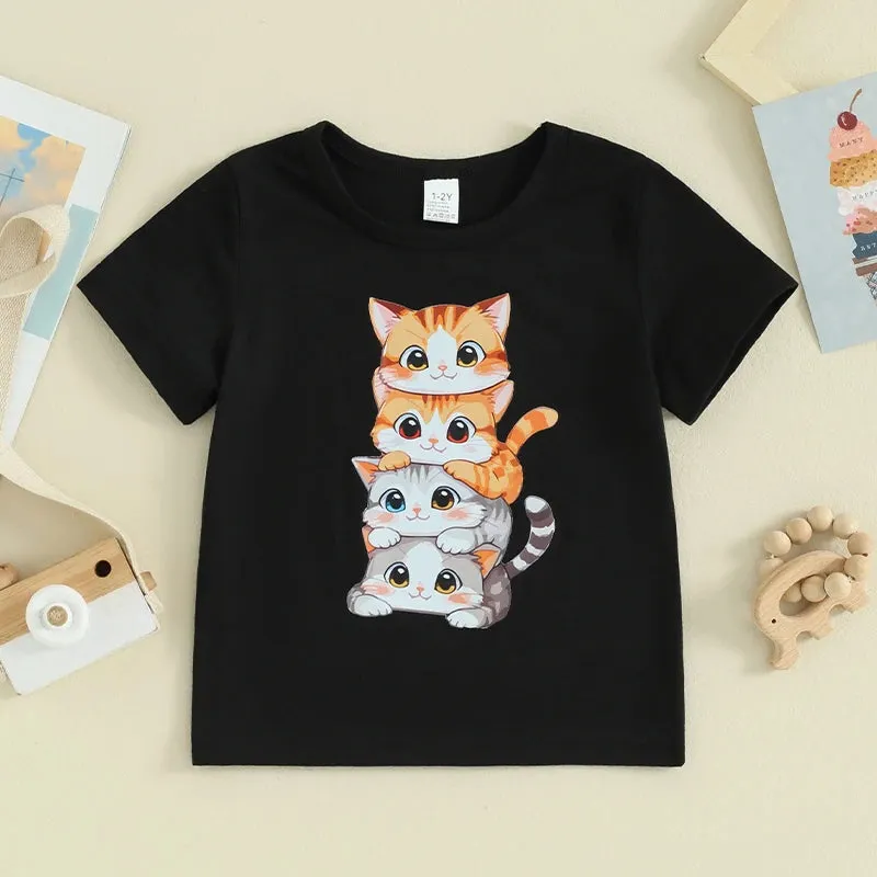 Summer T Shirt Cat Shirts For Girls Cartoon Graphic Tees Short Sleeve Crewneck Tops Size 1 To 8 Years Cute Outfits