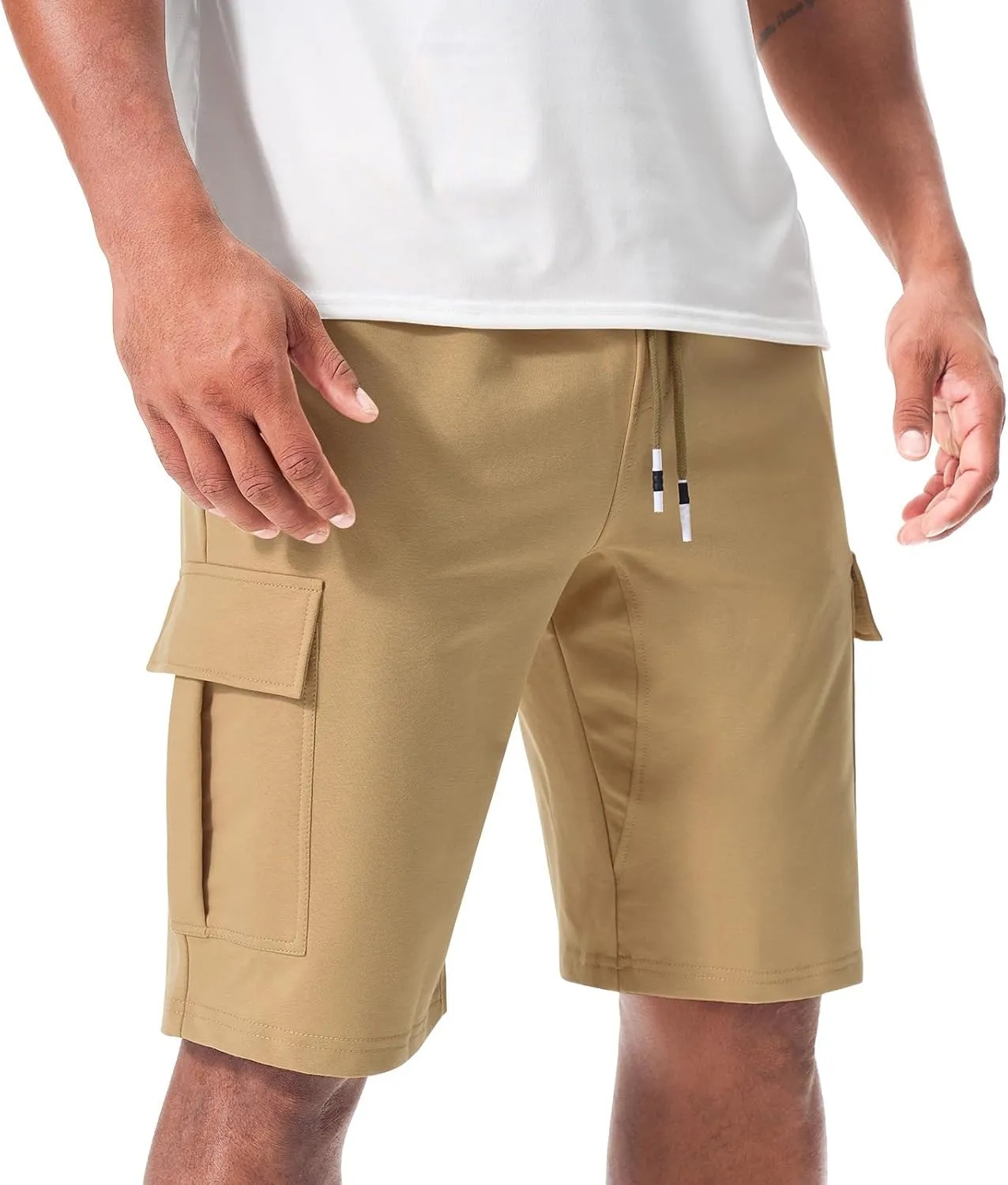 Suwangi Mens Cargo Athletic Shorts Flexible Elastic Waistband Loose Fit Shorts Outdoor Drawstring Multiple Pockets Shorts