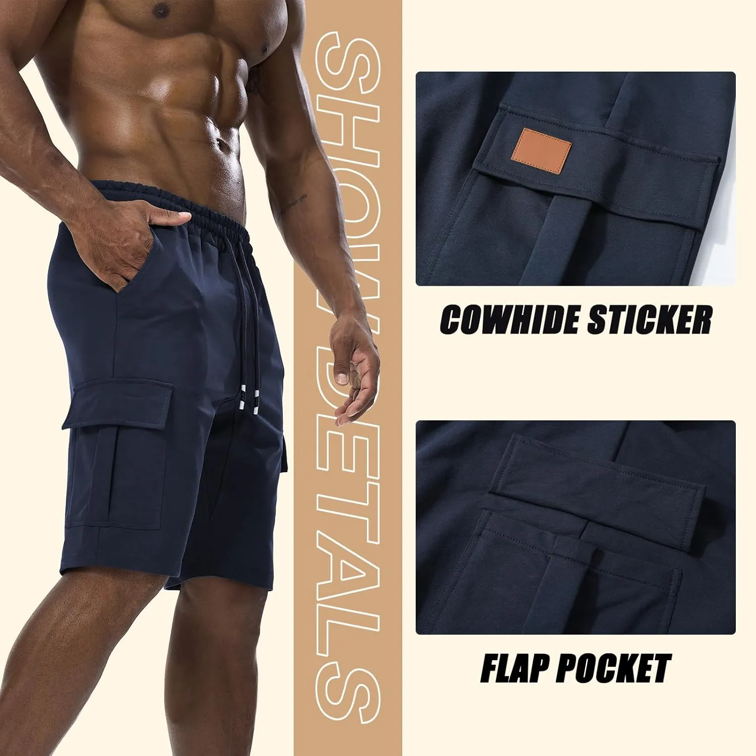 Suwangi Mens Cargo Athletic Shorts Flexible Elastic Waistband Loose Fit Shorts Outdoor Drawstring Multiple Pockets Shorts