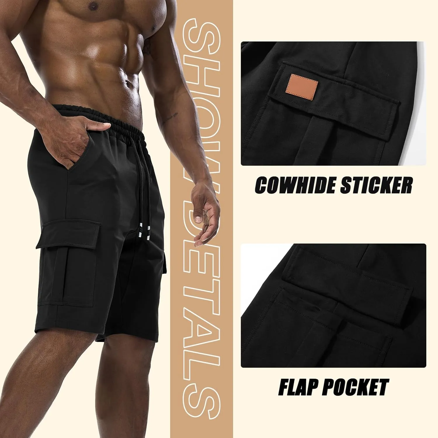Suwangi Mens Cargo Athletic Shorts Flexible Elastic Waistband Loose Fit Shorts Outdoor Drawstring Multiple Pockets Shorts