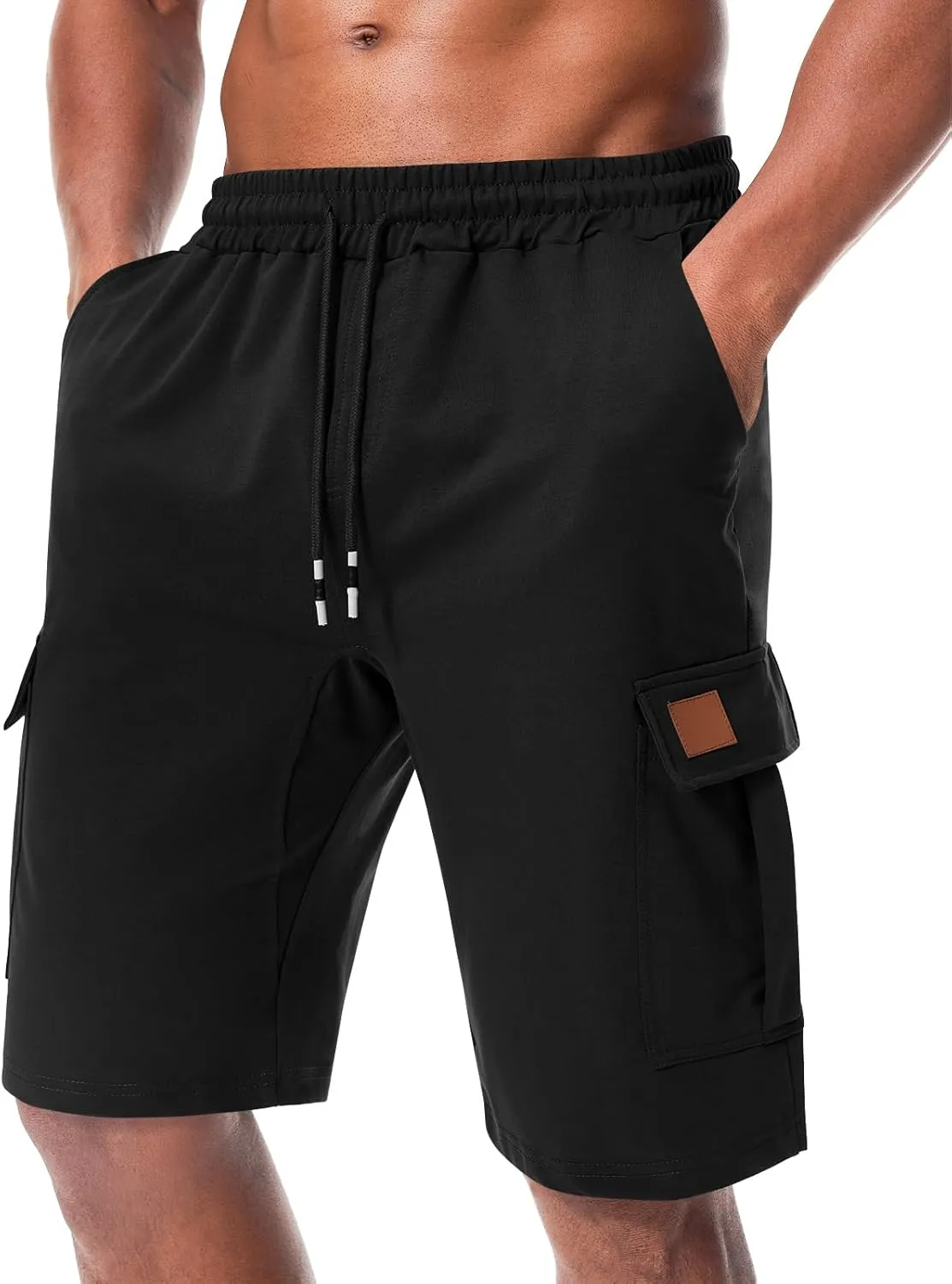 Suwangi Mens Cargo Athletic Shorts Flexible Elastic Waistband Loose Fit Shorts Outdoor Drawstring Multiple Pockets Shorts