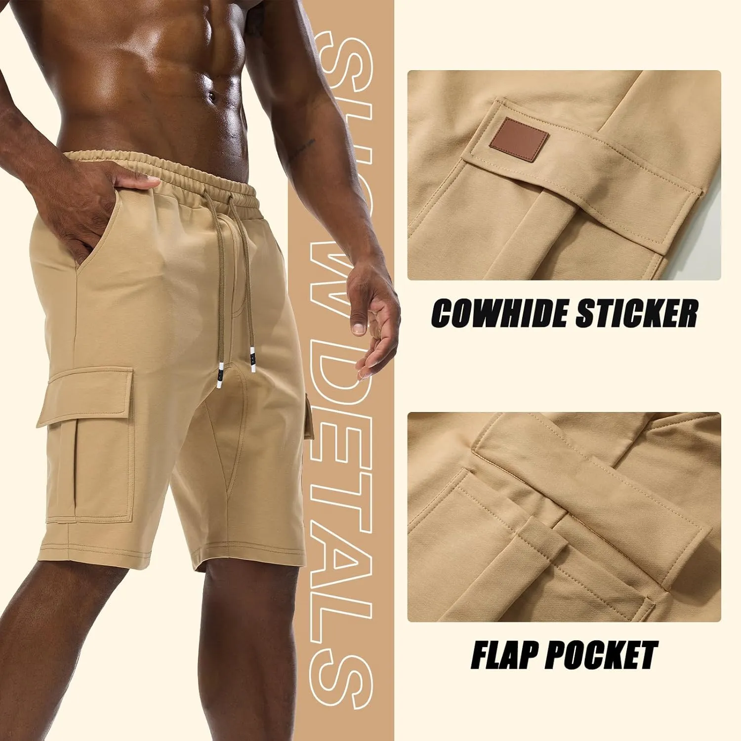 Suwangi Mens Cargo Athletic Shorts Flexible Elastic Waistband Loose Fit Shorts Outdoor Drawstring Multiple Pockets Shorts