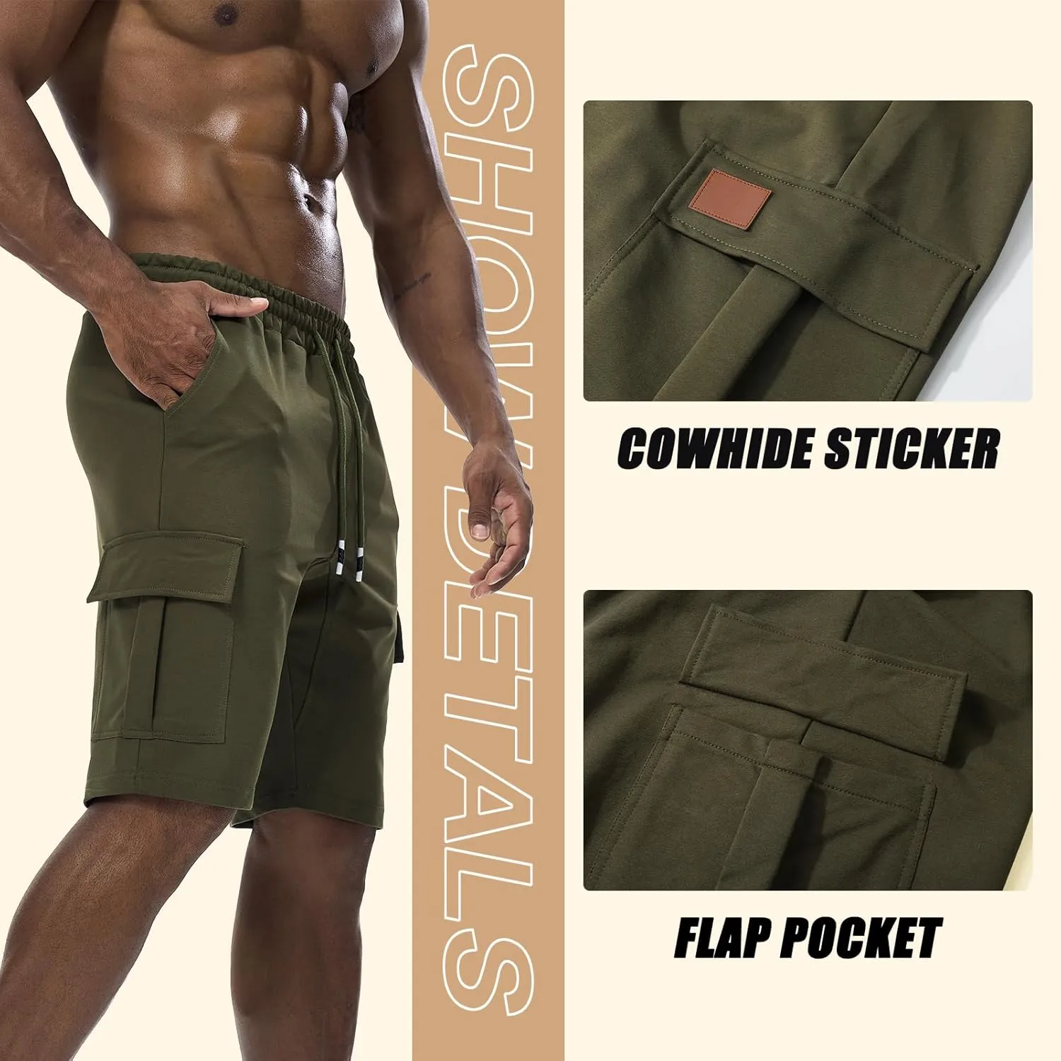 Suwangi Mens Cargo Athletic Shorts Flexible Elastic Waistband Loose Fit Shorts Outdoor Drawstring Multiple Pockets Shorts