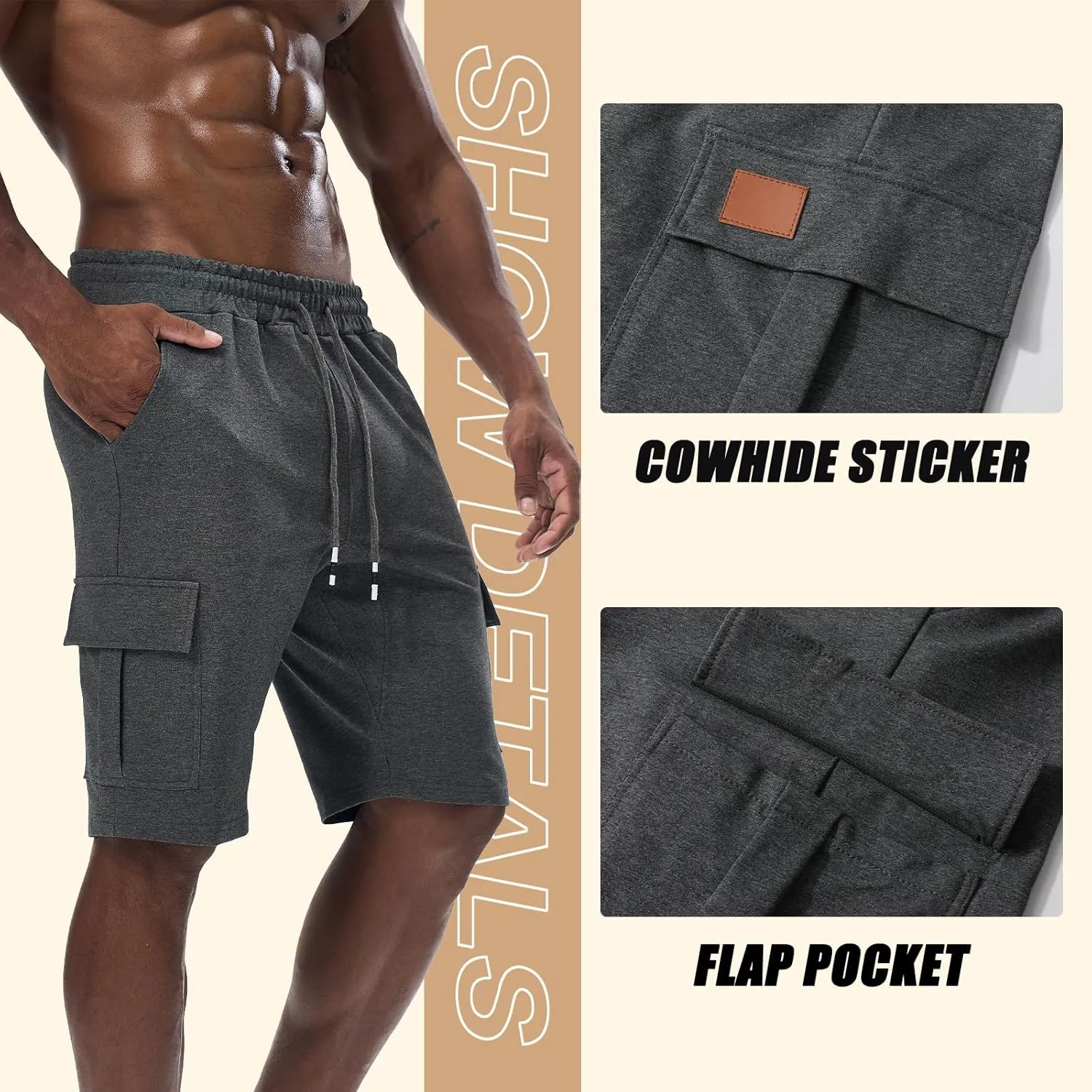 Suwangi Mens Cargo Athletic Shorts Flexible Elastic Waistband Loose Fit Shorts Outdoor Drawstring Multiple Pockets Shorts