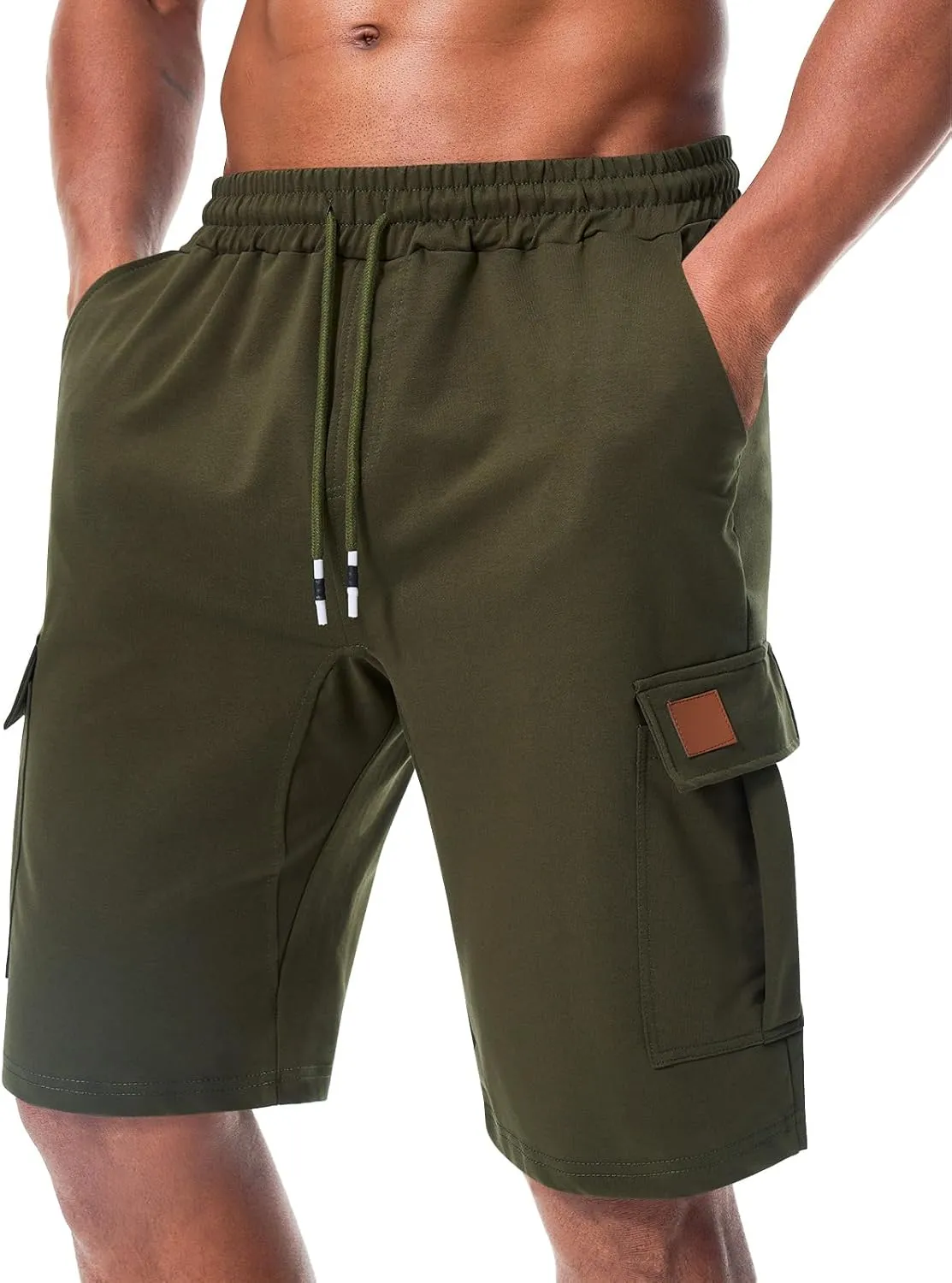 Suwangi Mens Cargo Athletic Shorts Flexible Elastic Waistband Loose Fit Shorts Outdoor Drawstring Multiple Pockets Shorts