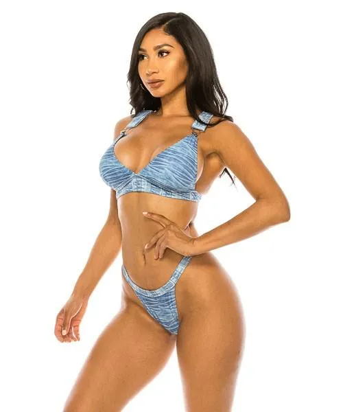 Swimwear - Two Piece Big Buckle Denim Swimwear