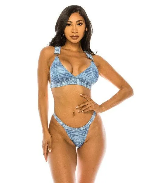 Swimwear - Two Piece Big Buckle Denim Swimwear