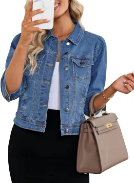 Vetinee Womens Jean Jacket Cropped Denim Jackets Stretchy 3/4 Puff Sleeve Distressed Shacket with Pockets