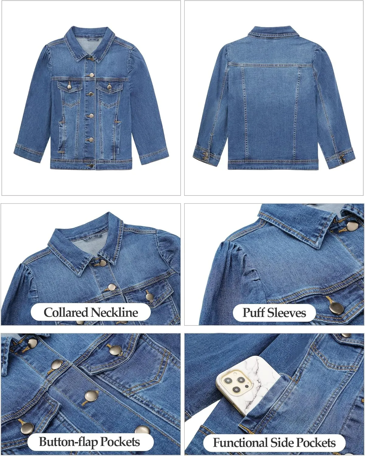 Vetinee Womens Jean Jacket Cropped Denim Jackets Stretchy 3/4 Puff Sleeve Distressed Shacket with Pockets
