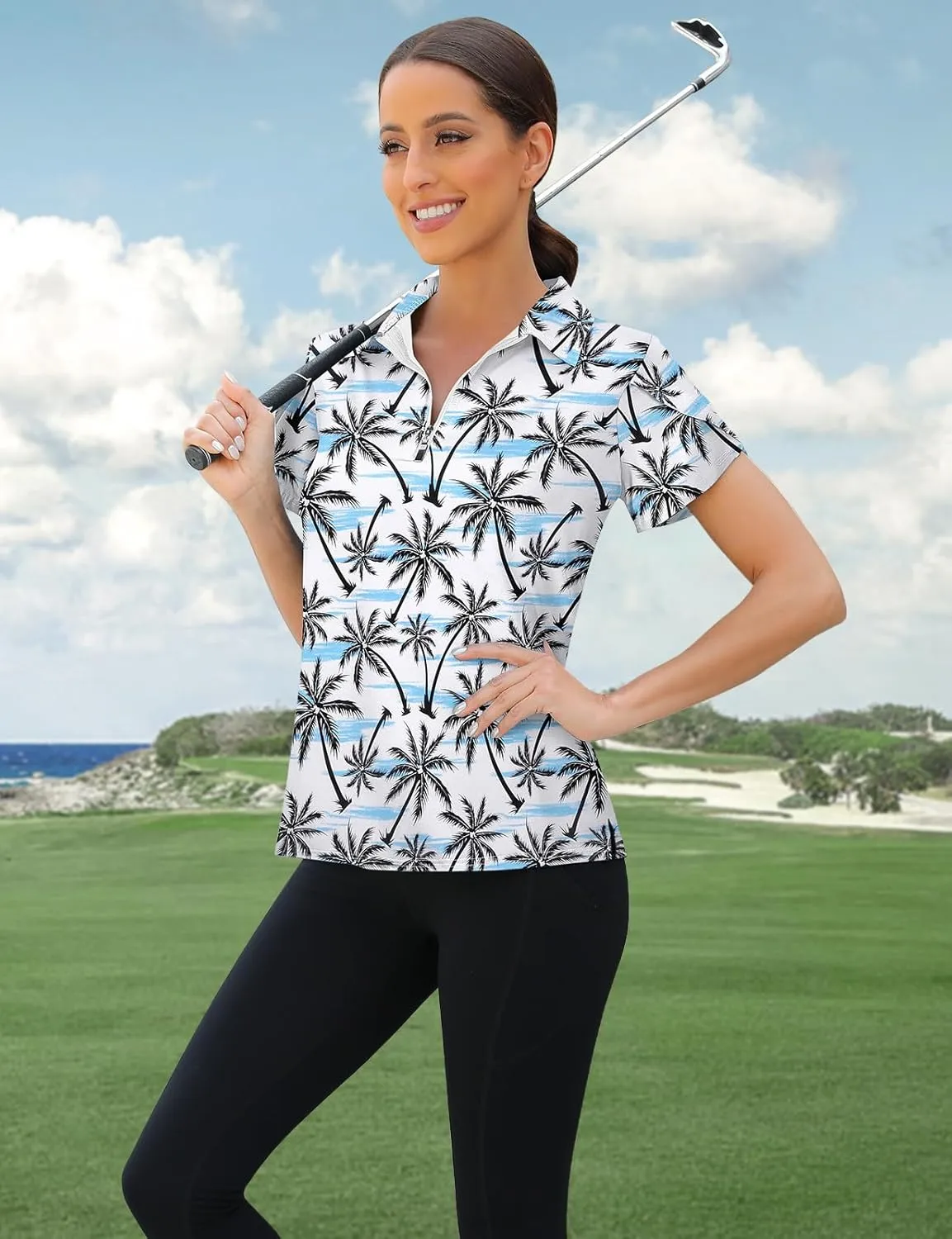Viracy Womens Golf Polo Shirts 1/4 Zip Up Overlap Short Sleeve Quick Dry Workout Tops