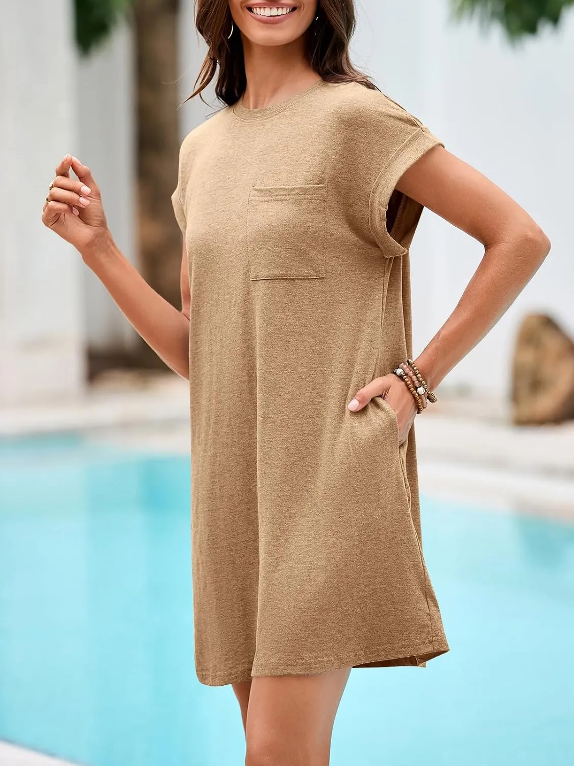 Wenrine Women's Summer T Shirt Dress Casual Short Sleeve Crewneck Loose Fit Mini Dresses with Pockets