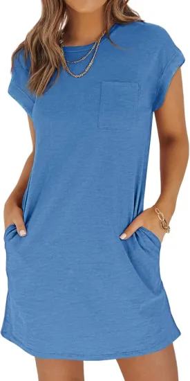 Wenrine Women's Summer T Shirt Dress Casual Short Sleeve Crewneck Loose Fit Mini Dresses with Pockets