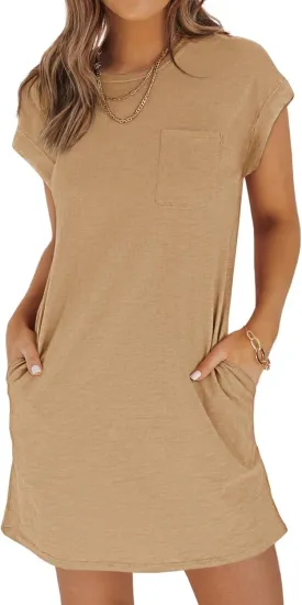 Wenrine Women's Summer T Shirt Dress Casual Short Sleeve Crewneck Loose Fit Mini Dresses with Pockets