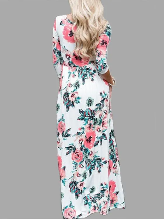 White Random Floral Print 3-4 Length Sleeves Maxi Dresses