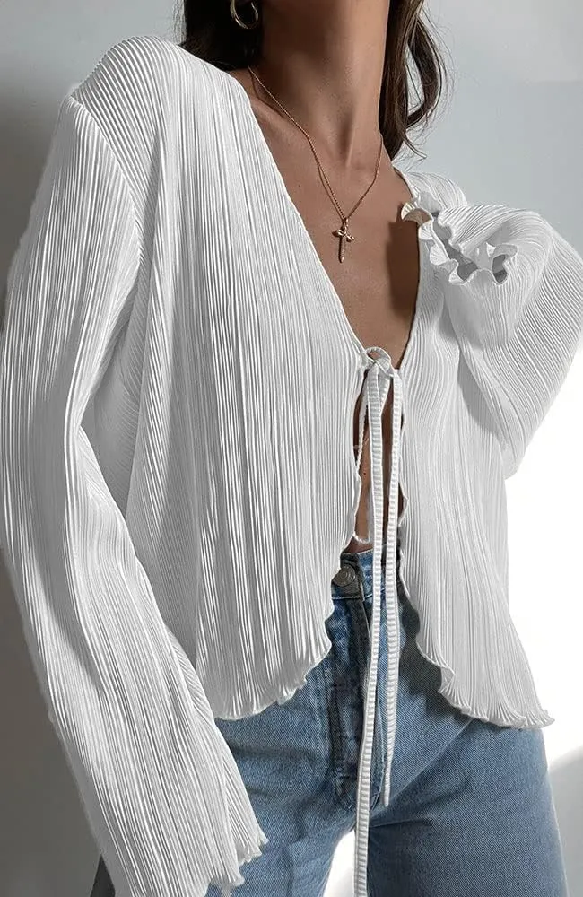 Women Sheer Button Up Blouse Sexy Collared Shirts Mesh Flare Sleeve Crop Top Y2k Vintage Streetwear