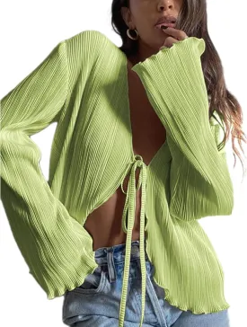Women Sheer Button Up Blouse Sexy Collared Shirts Mesh Flare Sleeve Crop Top Y2k Vintage Streetwear