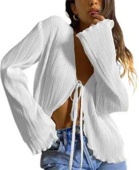 Women Sheer Button Up Blouse Sexy Collared Shirts Mesh Flare Sleeve Crop Top Y2k Vintage Streetwear