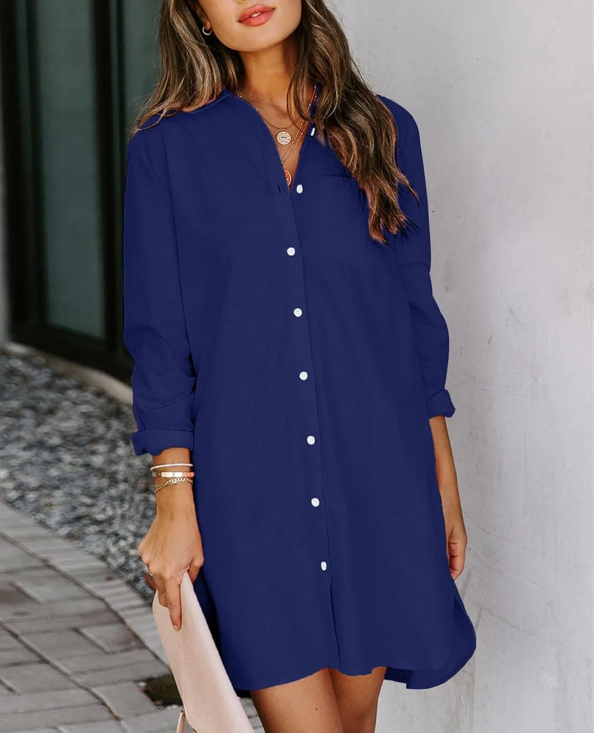 Womens Button Down Shirt Dresses with Pockets Cotton Button Up Tunics Long Sleeve Solid High Low Blouse Tops