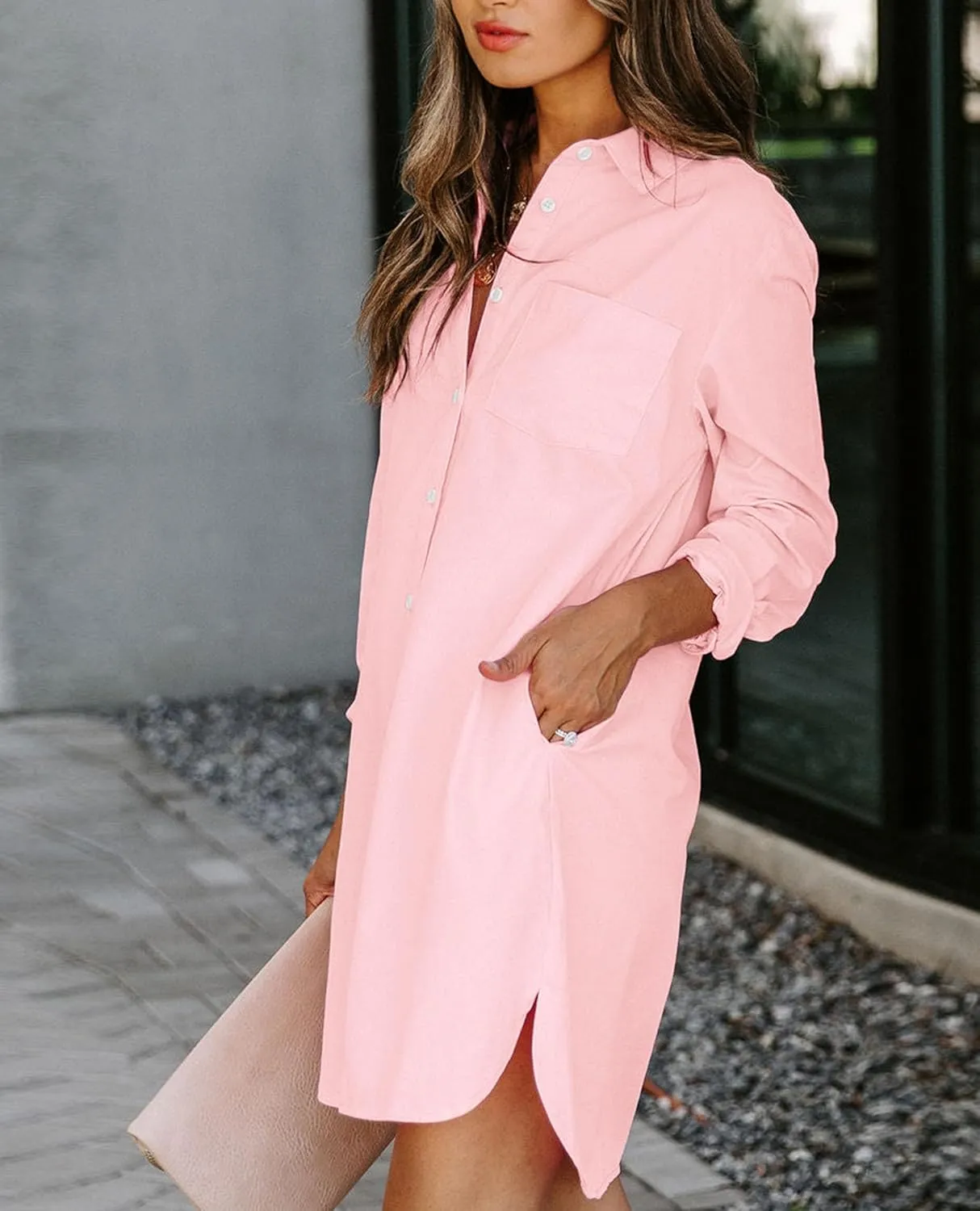 Womens Button Down Shirt Dresses with Pockets Cotton Button Up Tunics Long Sleeve Solid High Low Blouse Tops
