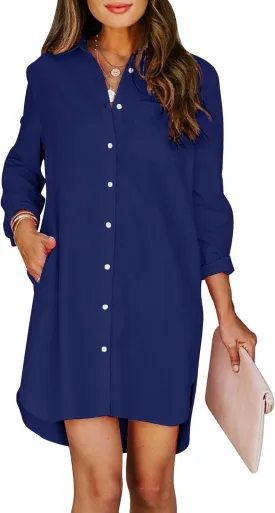 Womens Button Down Shirt Dresses with Pockets Cotton Button Up Tunics Long Sleeve Solid High Low Blouse Tops