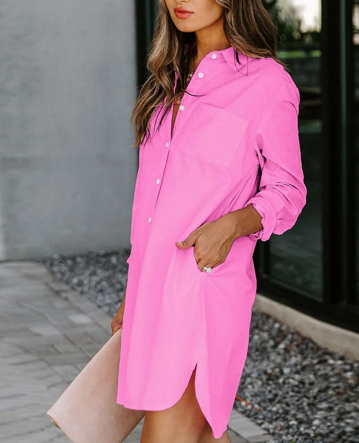 Womens Button Down Shirt Dresses with Pockets Cotton Button Up Tunics Long Sleeve Solid High Low Blouse Tops