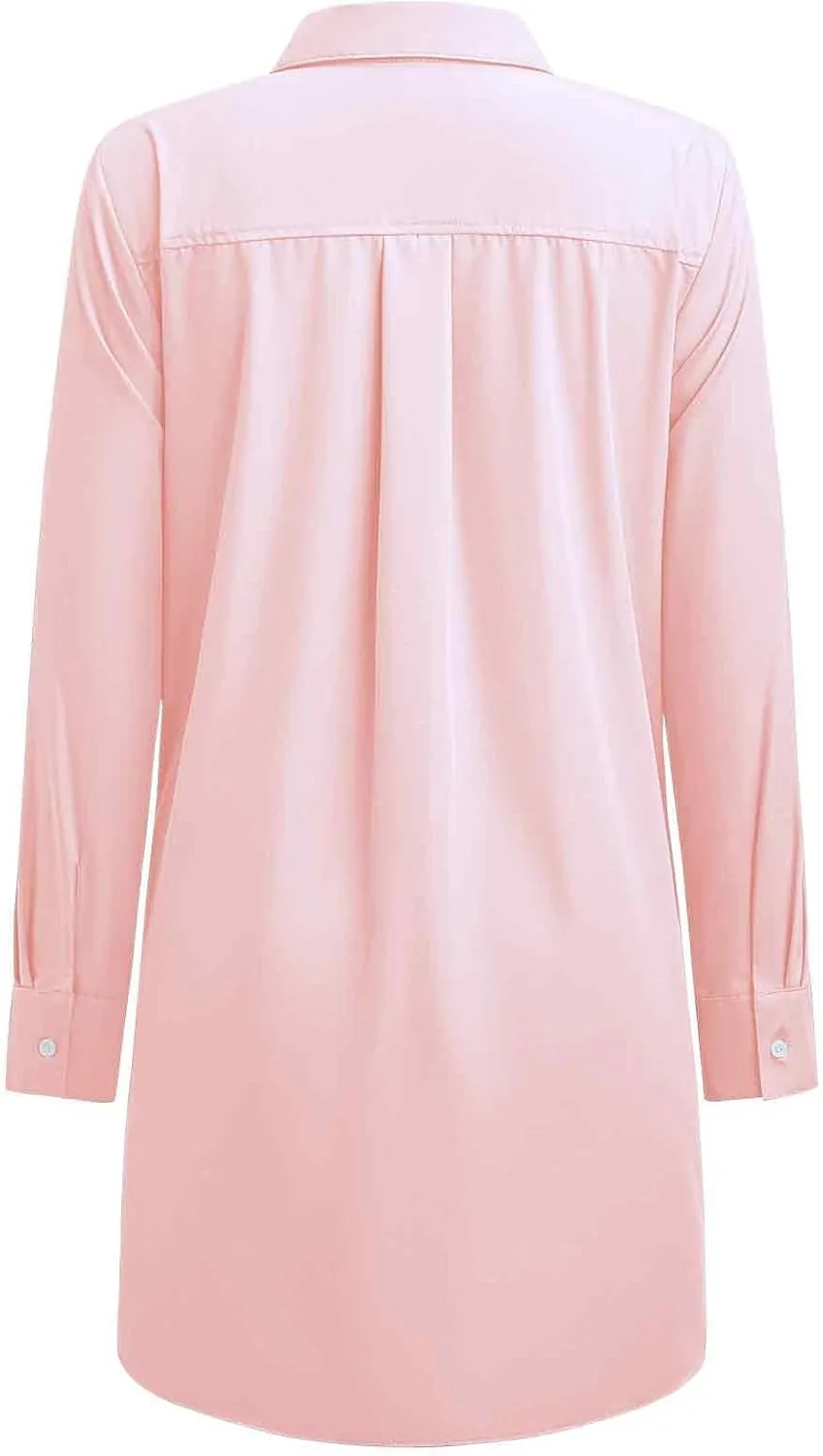 Womens Button Down Shirt Dresses with Pockets Cotton Button Up Tunics Long Sleeve Solid High Low Blouse Tops