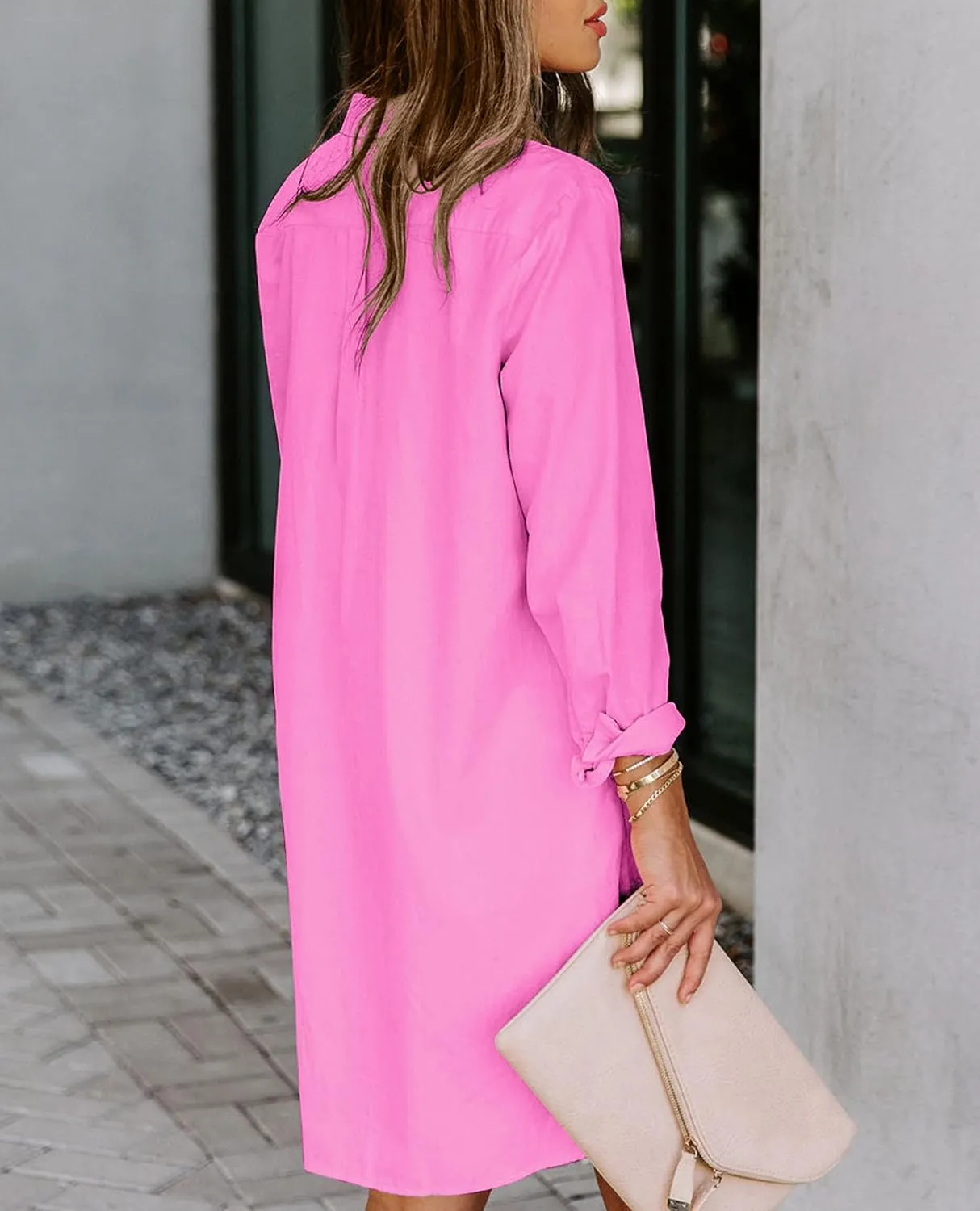 Womens Button Down Shirt Dresses with Pockets Cotton Button Up Tunics Long Sleeve Solid High Low Blouse Tops