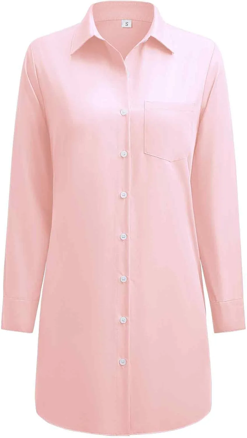 Womens Button Down Shirt Dresses with Pockets Cotton Button Up Tunics Long Sleeve Solid High Low Blouse Tops