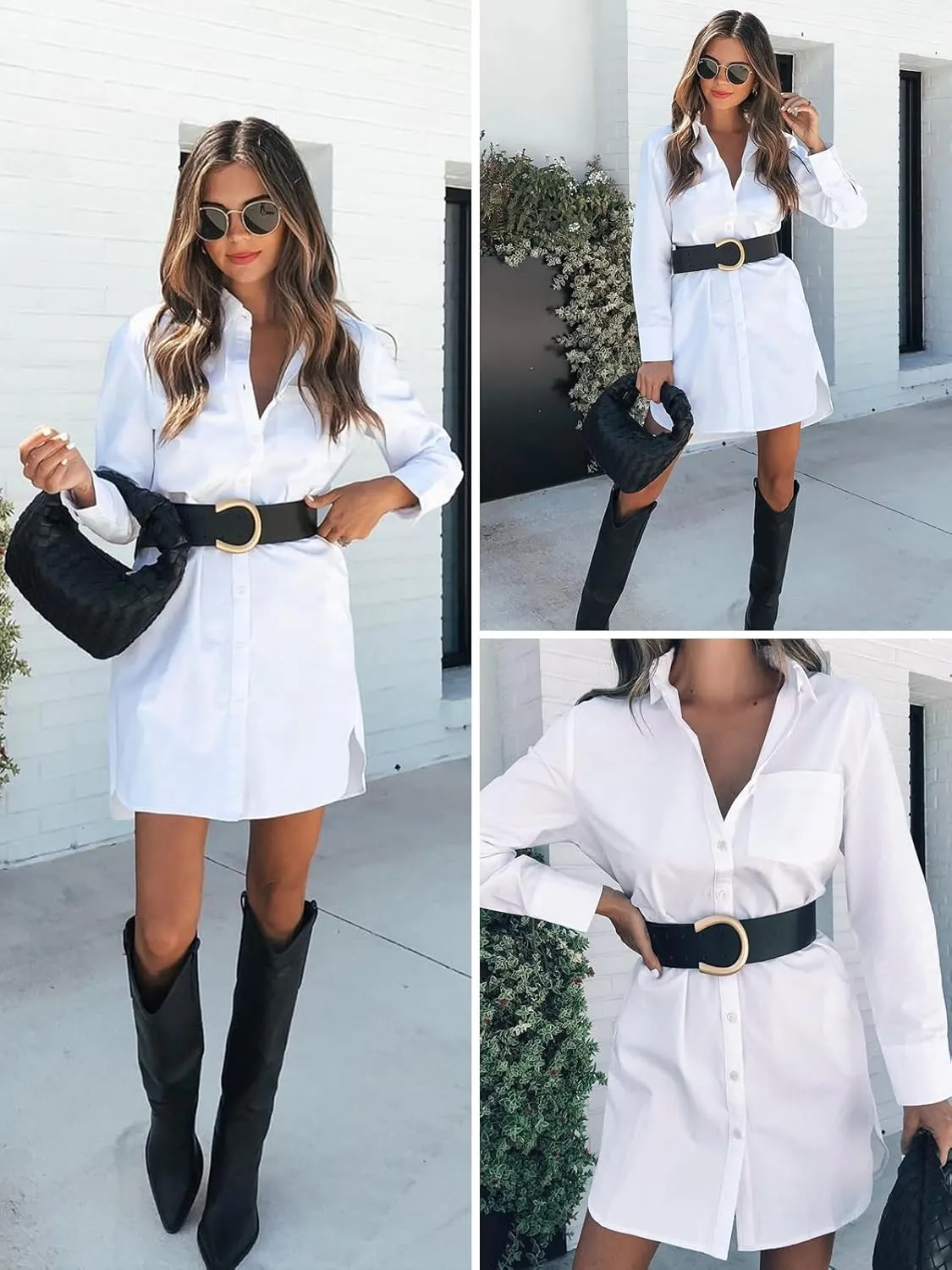 Womens Button Down Shirt Dresses with Pockets Cotton Button Up Tunics Long Sleeve Solid High Low Blouse Tops