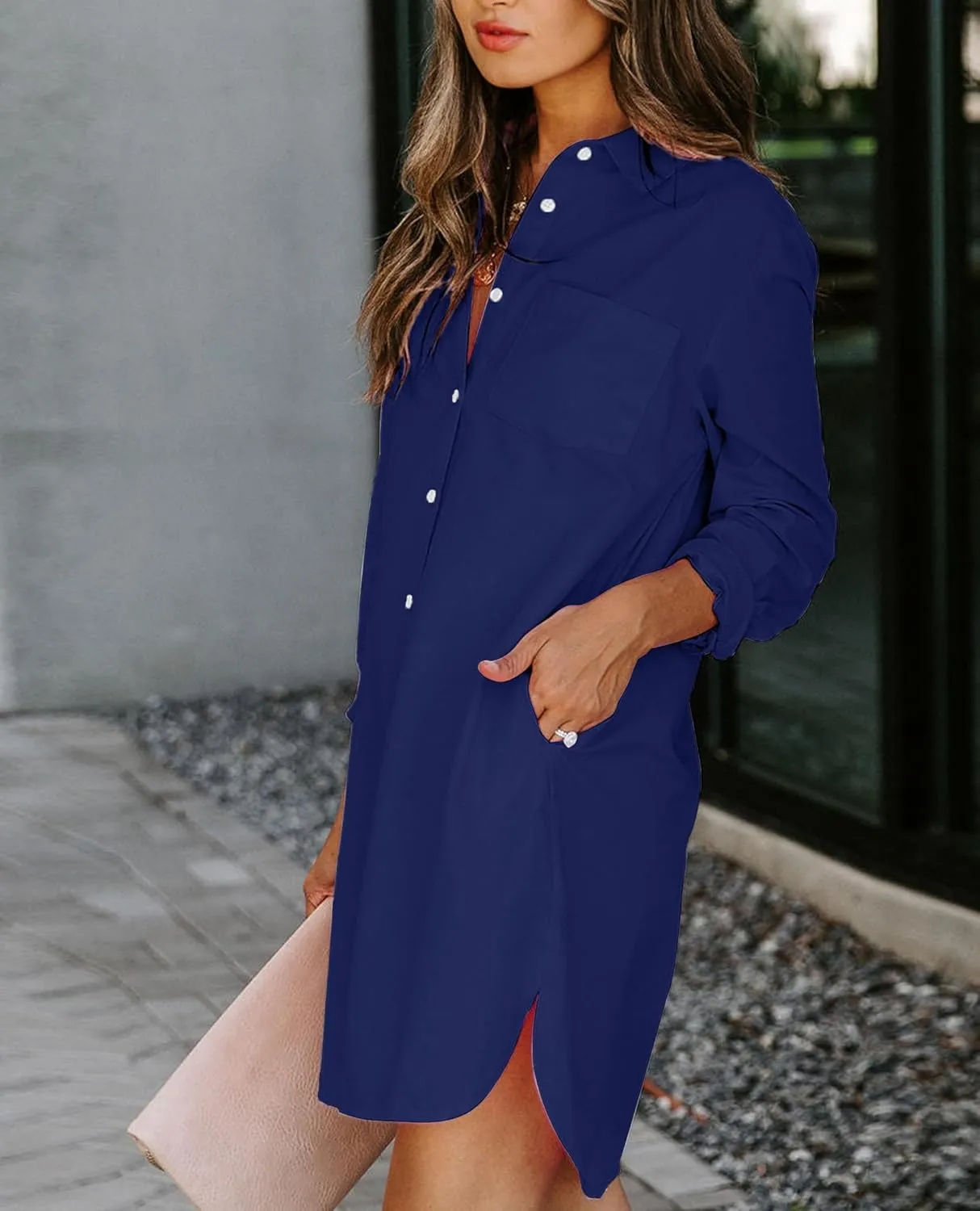 Womens Button Down Shirt Dresses with Pockets Cotton Button Up Tunics Long Sleeve Solid High Low Blouse Tops